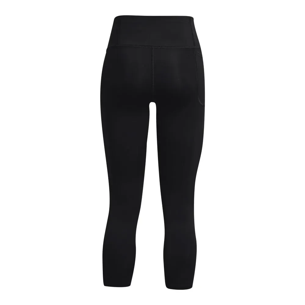 Legging feminina preta Under Armour vista lateral, mostrando bolso lateral embutido